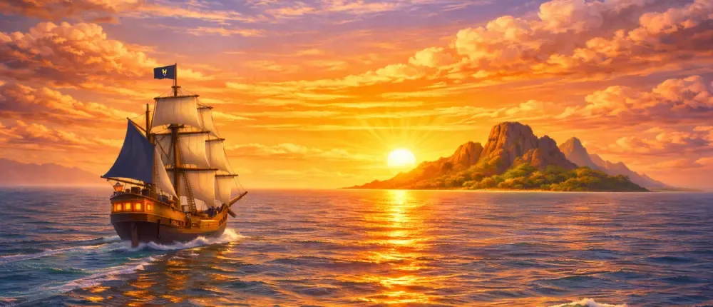Voilier pirate au coucher du soleil, bonus WinnerIsland Casino