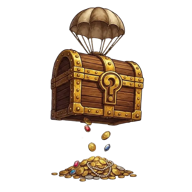 Coffre mystère parachuté sur des pièces d'or